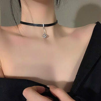 bones)黑色皮绳女小众脖子配饰甜酷项链女颈带饰品choker锁骨链颈链