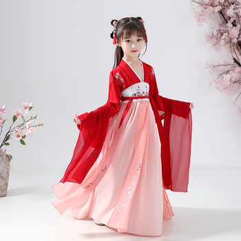 马面裙全套儿童 儿童汉服女童古装超仙女孩飘逸中国风襦裙红色古风