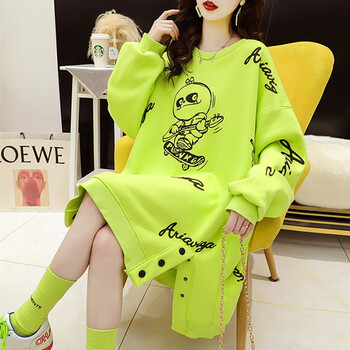 忘兰初中长款卫衣裙女秋冬加绒宽松韩版特大码女装胖mm300斤遮肚上衣