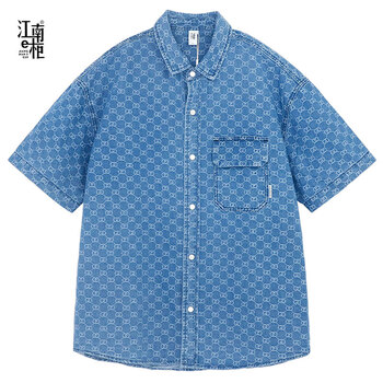 江南e柜jneg夏季高街欧美牛仔衬衫男短袖宽松潮流衬衫领外套青少年