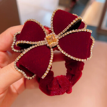 趣妮熊儿童蝴蝶结头绳红色丝绒水钻发圈女童新年发绳发饰品女孩过年