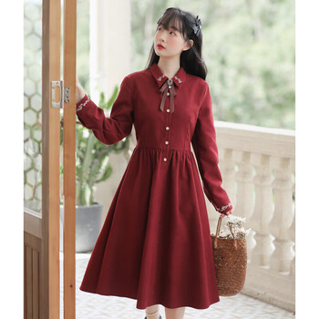梵佳诺少女大学生冬季连衣裙秋冬季高中生初中生学院风收腰长袖红色中