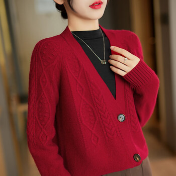 纯羊毛开衫外套女加厚保暖外套秋冬款秋冬款双股加厚开衫v领毛衣外套