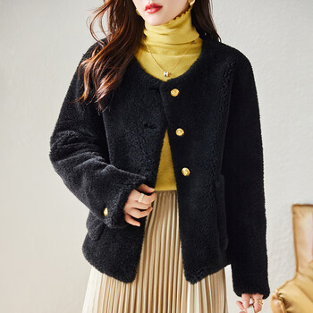 柏格伦2022冬新款羊剪绒大衣女短款圆领颗粒羊羔毛皮毛一体年黑色s