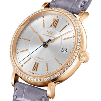 万国(iwc)瑞士手表 镶钻刻度自动机械日历显示女士腕表 37mm 灰带银盘