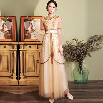 晚礼服女2022新款高端气质显瘦金色伴娘服仙气春秋小个子姐妹团裙小众