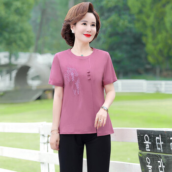 草茵香中年妇女夏天穿的衣服套装夏装妈妈短袖上衣50岁洋气小衫中老年