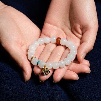 龍隐 和田玉玉石手链男女士款手串白玉9*10mm老型珠单圈搭配沙金莲蓬