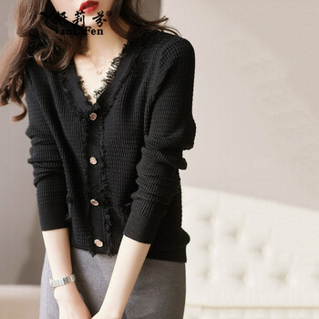 新款针织衫女装长袖修身v领假开衫外套气质百搭显瘦减龄上衣服黑色m