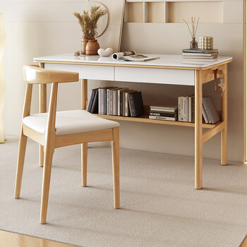 实木岩板书桌现代简约轻奢家用奶油风女生电脑桌卧室中学生写字桌 原