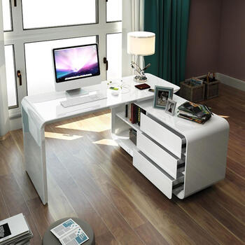 革睿2022年新款家用电脑桌现代简约台式旋转转角白色烤漆书房书桌书架