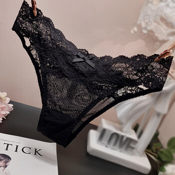 欧美性感蕾丝内裤女低腰透明诱i惑蝴蝶结女士丁字裤t裤舒适 黑色 m 85
