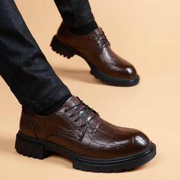 花花公子男士休闲皮鞋春夏新款厚底潮流时尚百搭婚礼伴郎男单鞋棕色38