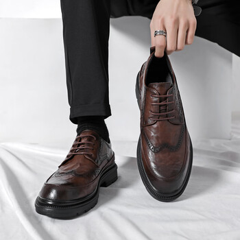 圣大保罗布洛克雕花皮鞋男款英伦商务正装黑色牛皮软底内增高西装