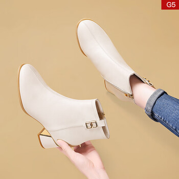 中老年女式半高跟皮靴春秋中跟单靴高跟鞋真皮春秋冬季皮鞋中年妈妈鞋