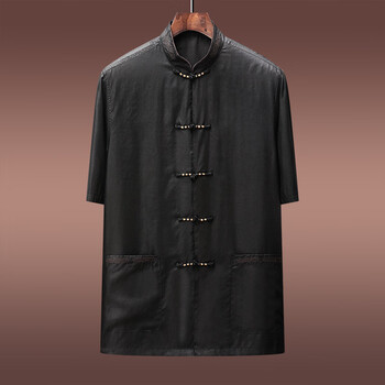 纪诗哲gievszhe唐装男中国风短袖衬衫重磅真丝香云纱男短袖上衣莨绸中