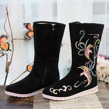 新款汉服靴子女古风侠客古装平底长靴中国风皂靴中筒绣花布靴 黑色 41