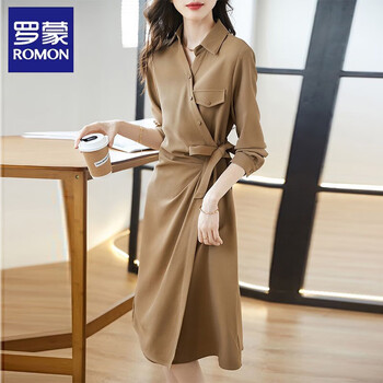 罗蒙连衣裙女春秋新款2023时尚女装小个子收腰显瘦长袖中长款衬衫裙子