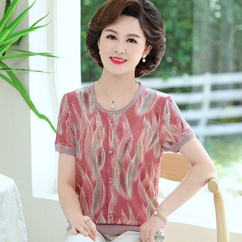 夏装套装中老年人上衣中年夏季t恤50岁短袖粉色上衣8013m建议90105斤