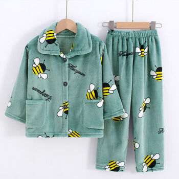 秋冬季儿童法兰绒睡衣加厚男女童宝宝小孩中大童珊瑚绒家居服套装 绿