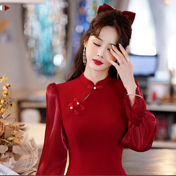 订婚服装大码长袖敬酒服便装女秋季中式礼服裙女回门新娘连衣裙旗袍