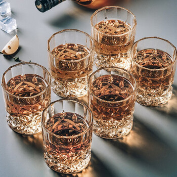 菲典森威士忌酒杯洋酒杯家用复古雕花玻璃啤酒杯水杯果汁杯烈酒杯子套