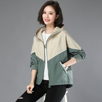 休闲宽松女士小个子风衣连帽夹克短外套女短款外套上衣小外套女绿色m