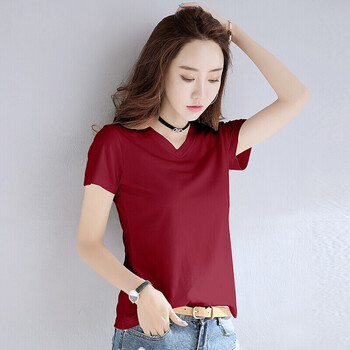 goomil lee短袖t恤女v领修身2021春夏新款ins港风显瘦纯色百搭打底衫