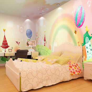 儿童房墙纸卧室电视背景墙布卡通彩虹壁纸女孩房间壁画热气球墙纸无缝