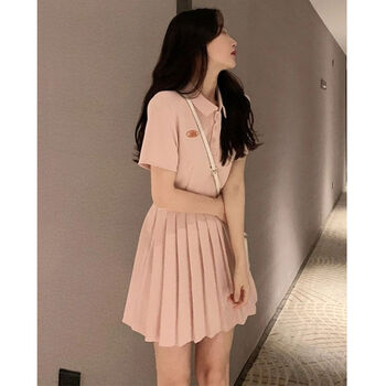 夏季新款小个子百褶裙子女夏设计感小众年轻polo领粉色连衣裙少女粉s