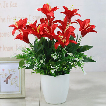 花塑花料假花摆设高档绢布花束摆件花瓶插花 3号盆14头红色百合套装