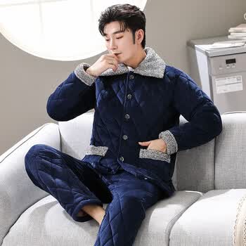 加厚加绒三层夹棉睡袄男士居家服加肥加大码保暖棉衣套装冬天韩版休闲