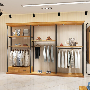 服装店展示架可挂墙 男装货架服装店展示架落地式复古实木挂衣架靠墙