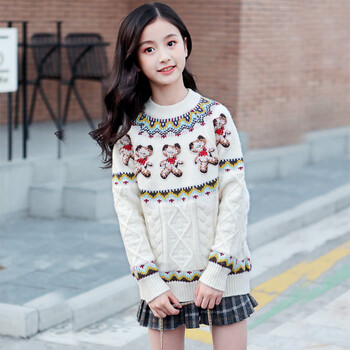 女孩洋气儿童打底衫冬季中大童套头线衣圆领针织12岁米白色170码建议