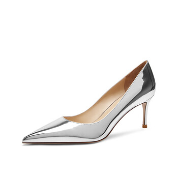 lukecsion面漆皮银色高跟鞋女秋浅口尖头细跟舒适性感单鞋官方旗舰