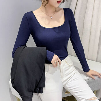 薄款女生显胸大性感低胸t恤体恤打底衫u型领t恤女长袖春秋新款低领内