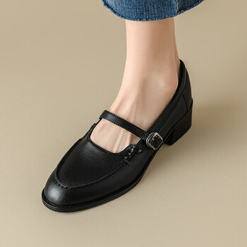 qingtianmeiyi天美意圆头棕色时尚小皮鞋女一字带复古玛丽珍鞋春秋