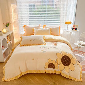 水星家纺抗静电冬季牛奶绒四件套刺绣花加厚被套保暖双面绒床单床上四