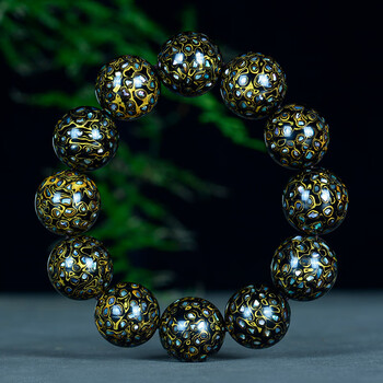 吉方圆大漆珠满贝壳黑金款手串男女士20mm佛珠文玩手链非遗工艺中国风