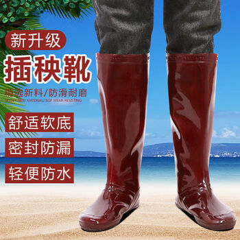 水鞋长筒钓鱼鞋男女软底水田袜超高过膝系带长雨 40厘米咖啡色插秧靴