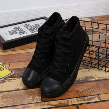 高帮全黑色帆布鞋黑色男鞋休闲布鞋韩版潮鞋学生板鞋高邦男士鞋 全