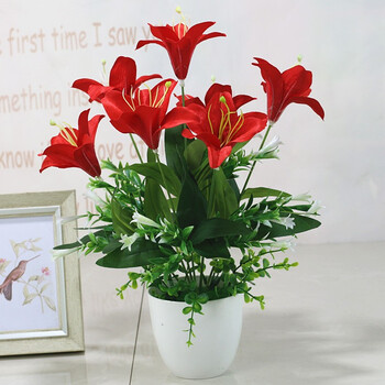 花塑花料假花摆设高档绢布花束摆件花瓶插花 1号盆7头红色百合套装