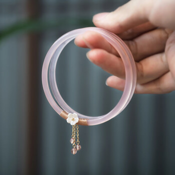 美印情叮当镯粉玉髓女款少女一对玛瑙细条闺蜜古风花朵玉镯子感网红