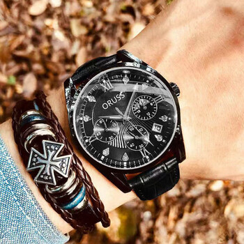 oruss全自动机芯机械手表男进口夜光防水日历钢带时尚石英腕表 皮黑