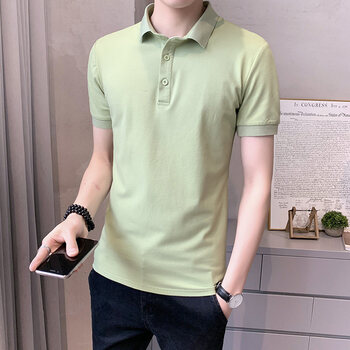 poro杉夏季男装短袖t恤翻领polo男士修身潮流大码体恤衫上衣服 豆绿色