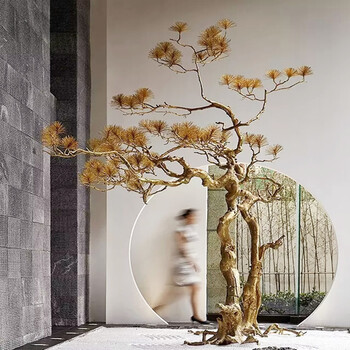 迎客松罗汉松树玄关酒店大堂景观枯山水装饰禅意摆件 金色双杆组合款