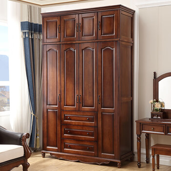 广东佛山实木衣柜 美式整体大衣柜实木木质卧室三四五六门组合顶柜