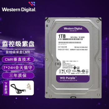 西部数据（WD） 紫盘 监控级硬盘 摄像视频录像DVR/NVR 台式电脑机械硬盘 CMR垂直SATA 1TB （WD10EJRX）监控级紫盘