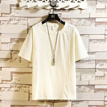 夏季薄款棉麻短袖男t恤潮流复古色打底衫宽松大码上衣圆领体恤h1 米色