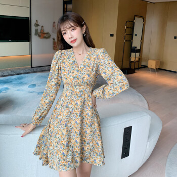 领季（Lingtos）连衣裙女装2023年夏季新款韩版气质法式浪漫长袖碎花V领度假裙子 黄色 S(75-90)